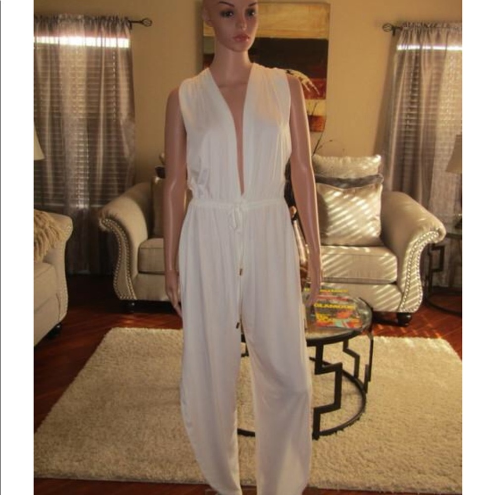 White Plunge Neck Jumpsuit